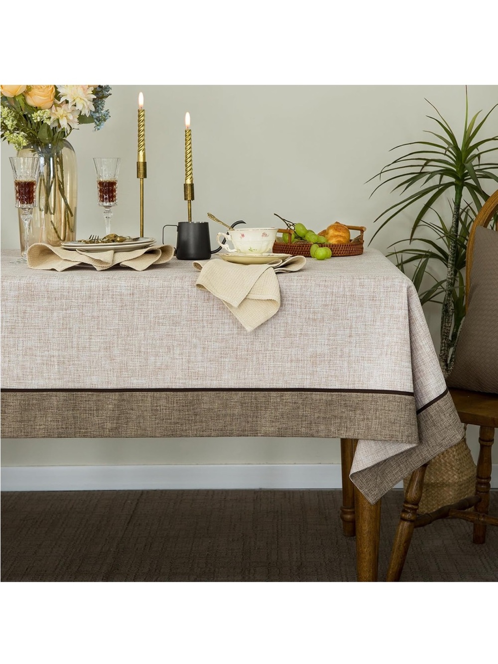 NEW GLORY SEASON Textured Linen Style Tablecloth, Washable, Border. 55x120”